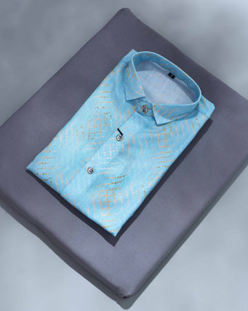 Boys Premium Jacquard Patterned Full Sleeve Button Down Shirt with Elegant Geometric Weave Design - Blue