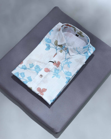 Stylish Boys Floral Printed Casual Shirt with Full Sleeves Button Down Front and Classic Spread Collar - White
