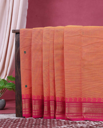 Traditional Chettinad Cotton Saree with a Solid Body Allover Butti and a Rich Zari Border - Orange