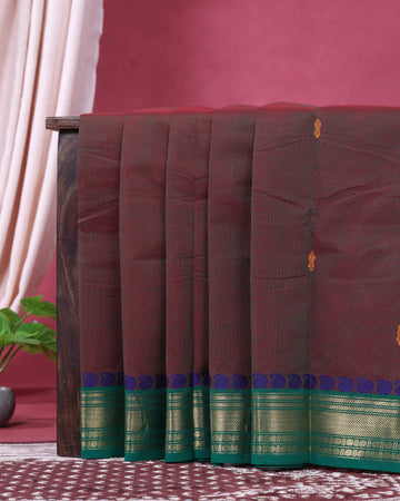 Traditional Chettinad Cotton Saree with a Solid Body Allover Butti and a Rich Zari Border - Brown