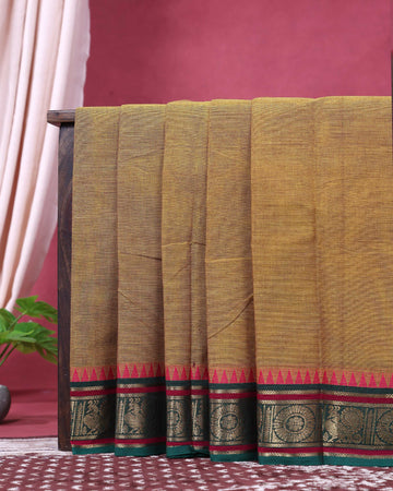 Traditional Chettinad Cotton Saree with a Solid Body Allover Butti and a Rich Zari Border - Mustard