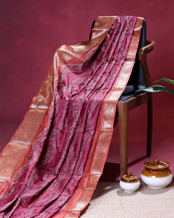 Elegant Bandhani Inspired Dola Silk Saree with All Over Floral Embroidery and Luxurious Woven Zari Border - Maroon
