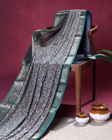 Elegant Dola Silk Saree with All Over Floral Print and Rich Woven Zari Border - Bottle Green