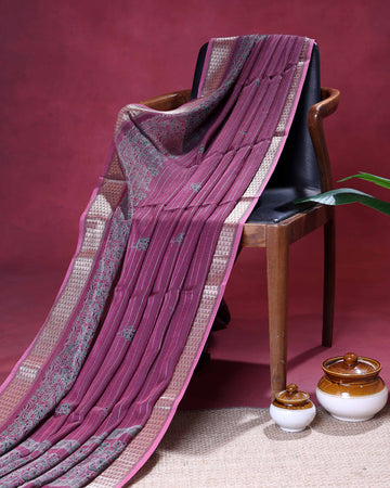 Elegant Dola Silk Saree with Vertical Stripes Intricate Floral Butta Motifs and Traditional Zari Woven Border - Onion Pink