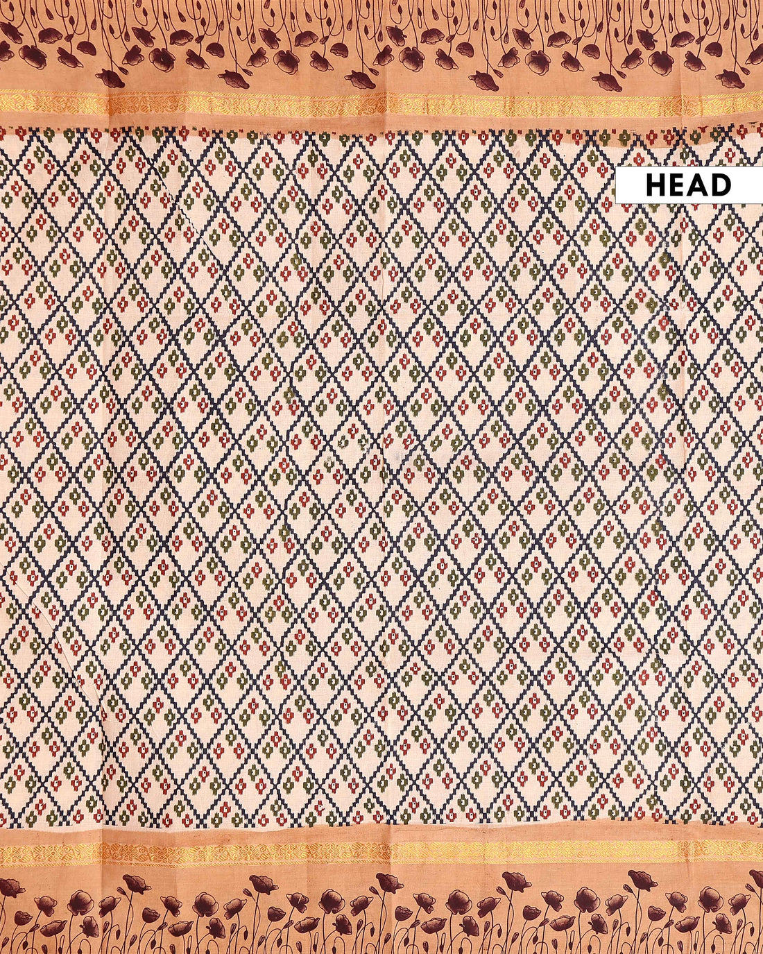 Handloom Sungudi Cotton Saree with Geometric Diamond Pattern & Floral Border - Sandal