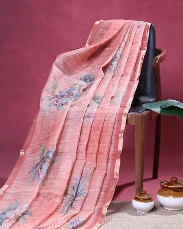 Elegant Linen Blend Saree with All-Over Floral Pattern and Contrast Woven Border - Peach