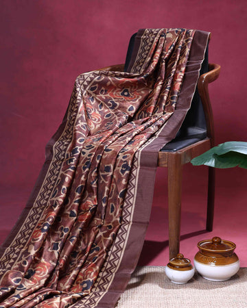 Elegant Semi Tussar Saree with Floral Inspired Print and Classic Border - Brown