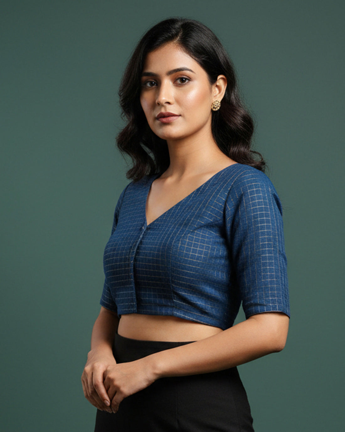 Women's Elegant Sungudi Cotton 1 Meter Blouse Material with Zari Accents - Teal