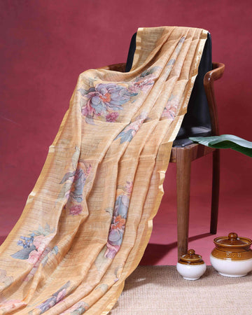 Elegant Linen Blend Saree with All-Over Floral Pattern and Contrast Woven Border - Yellow