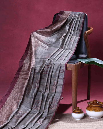 Elegant Semi Tussar Saree with Floral Inspired Print and Classic Border - Grey