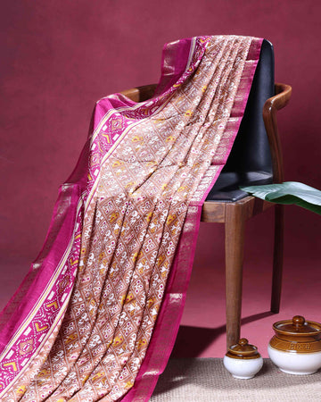 Classic Dola Silk Saree with Intricate Geometric Ikkat Inspired Traditional Patterned Pallu and Woven Border - Light Brown