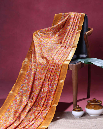 Elegant Dola Silk Saree with Intricate Paisley Weave and Traditional Zari Border - Orange