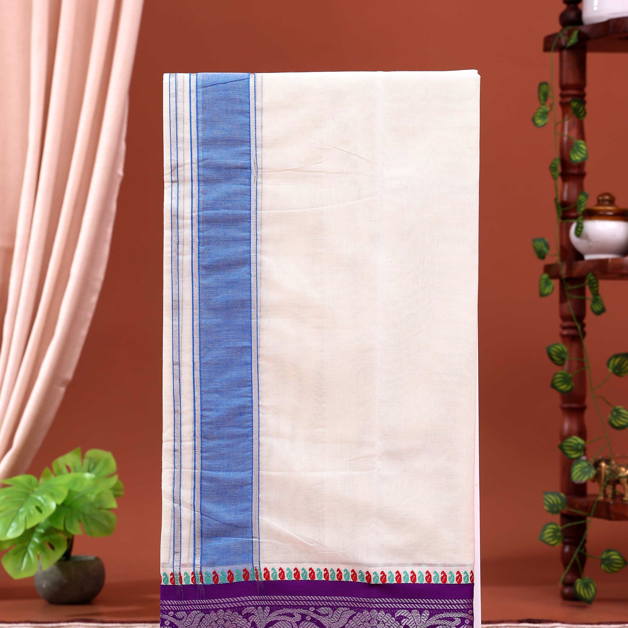 Men’s Traditional Handloom 4 Meter Cotton Dhoti with Purple Border - Off White
