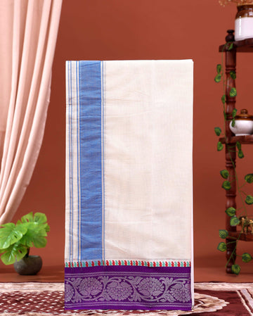 Men’s Traditional Handloom 4 Meter Cotton Dhoti with Purple Border - Off White