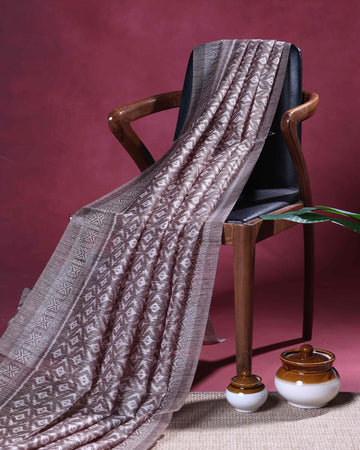 Elegant Semi Jute Saree with All-Over Traditional Ikkat Inspired Motifs and Intricate Woven Border - Light Brown