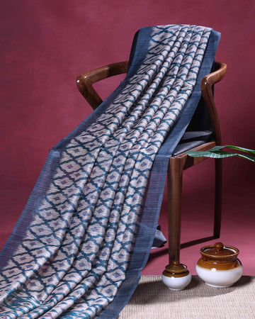 Elegant Semi Jute Saree with All-Over Traditional Ikkat Inspired Motifs and Intricately Woven Border - Light Grey