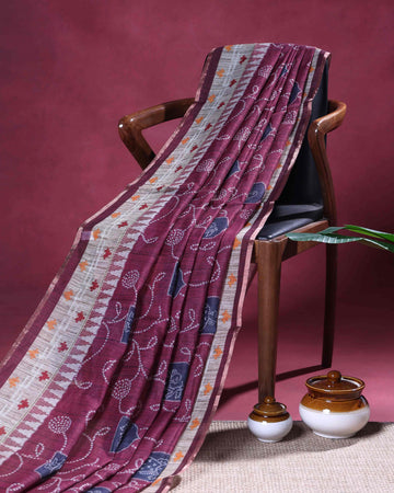 Elegant Linen Blend Saree with Bandhani Inspired Circular Motifs and Traditional Ikkat Style Woven Border - Maroon