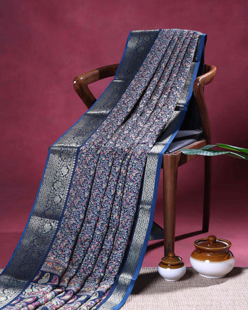 Elegant Dola Silk Saree with All Over Floral Buti Design and Intricately Woven Traditional Border - Navy Blue