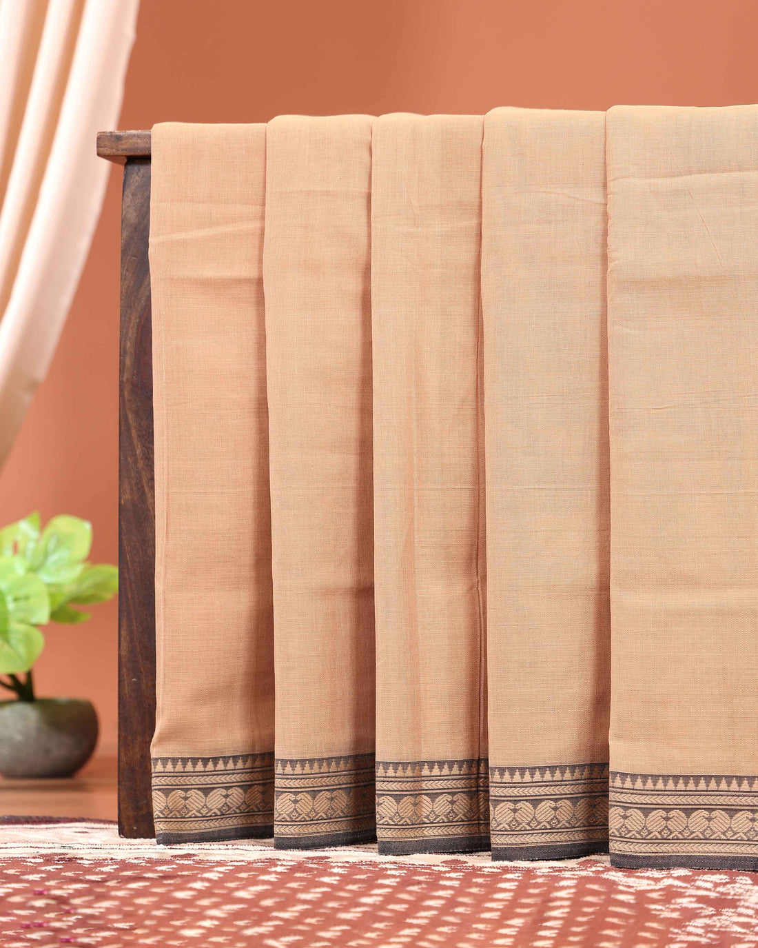 Traditional Narayanpet Cotton Saree with Striped Pattern and Zari Woven Temple Border - Sandal
