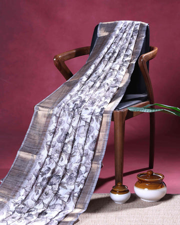 Elegant Dola Silk Saree with All-Over Floral Print and Traditional Woven Border - White