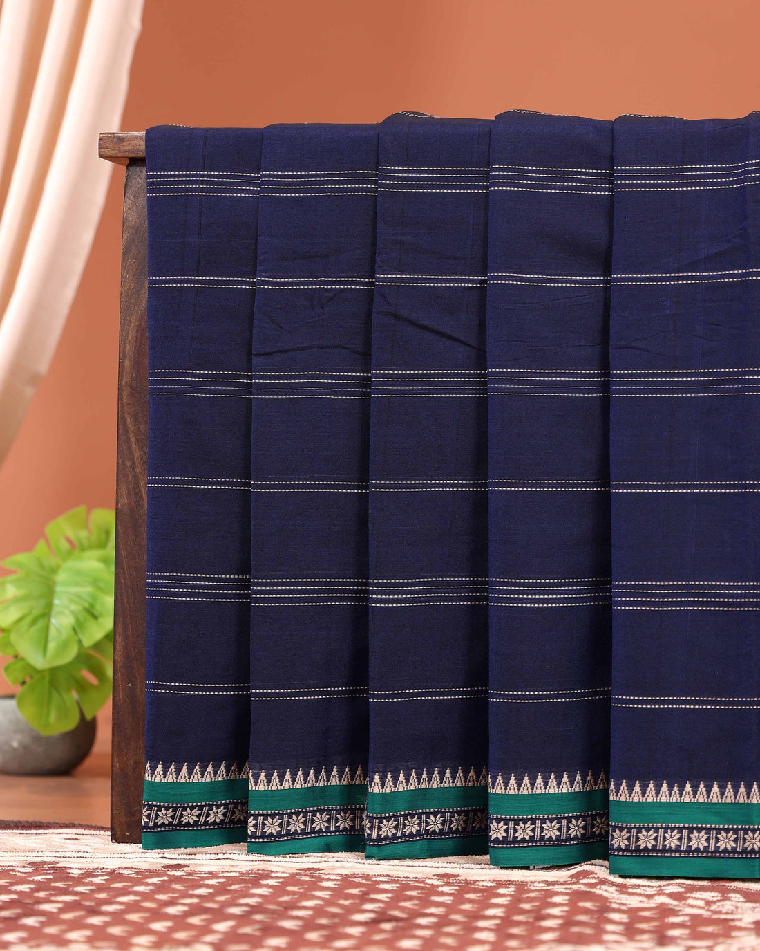 Elegant Handloom Narayanpet Cotton Saree Contrast Border and Fine Stripe Details  - Navy Blue