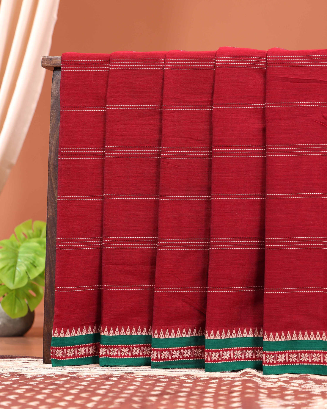 Elegant Handloom Narayanpet Cotton Saree Contrast Border and Fine Stripe Details  - Red