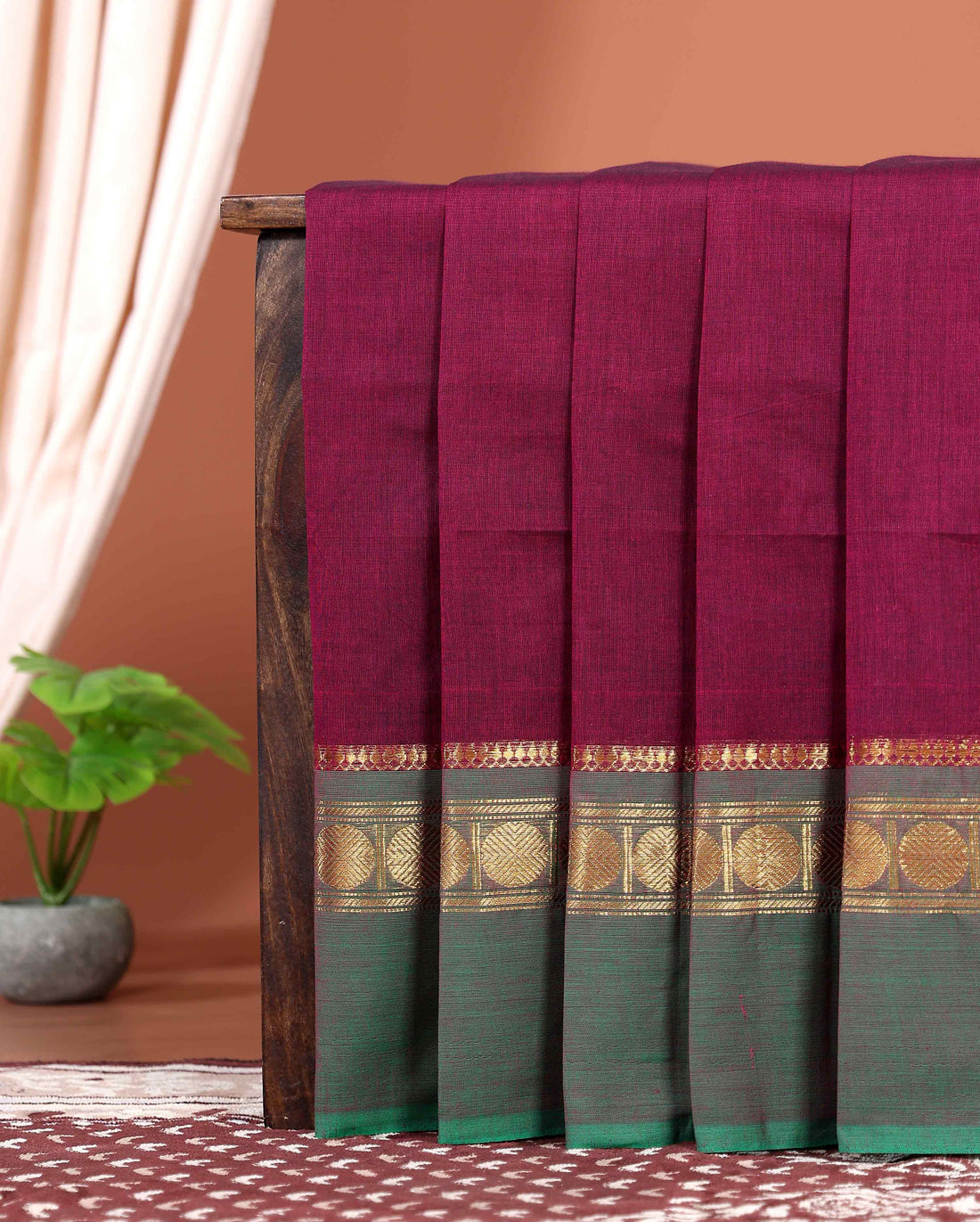 Traditional Kanchi Handwoven Cotton Saree with Traditional Zari Border and Intricate Temple Motifs - Purple