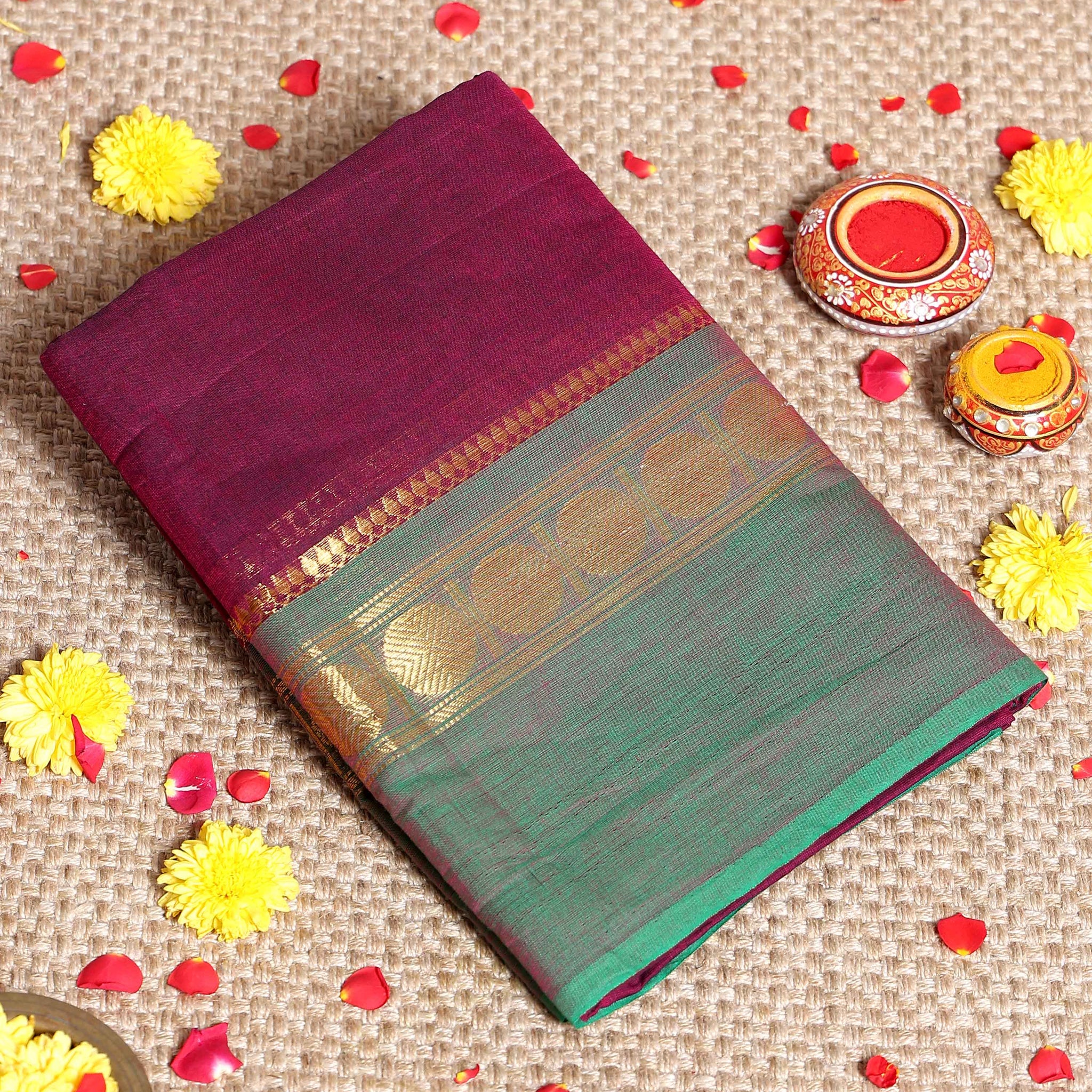 Traditional Kanchi Handwoven Cotton Saree with Traditional Zari Border and Intricate Temple Motifs - Purple