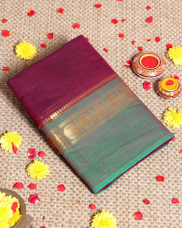 Traditional Kanchi Handwoven Cotton Saree with Traditional Zari Border and Intricate Temple Motifs - Purple