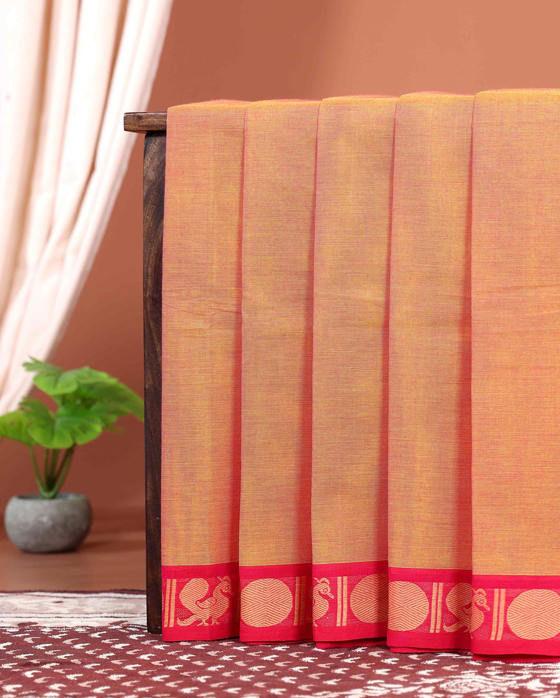 Traditional Handwoven Kanchi Cotton Saree with Rich Zari Border Traditional Peacock Motifs & Elegant Soft Weave Finish - Orange