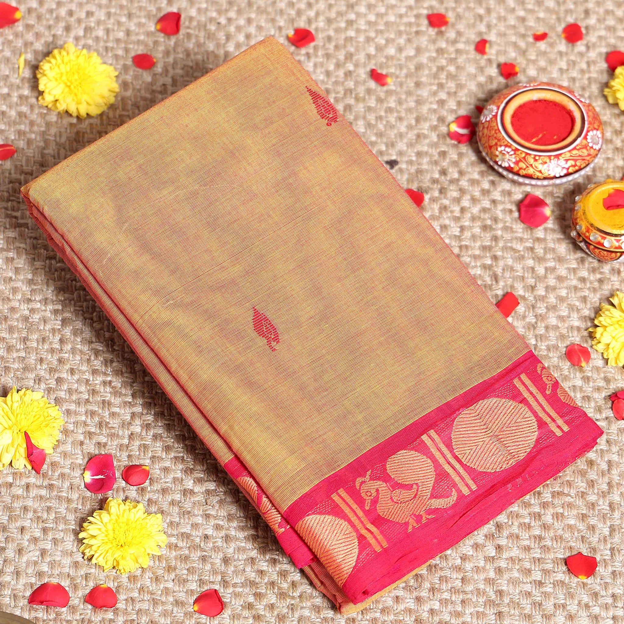 Traditional Handwoven Kanchi Cotton Saree with Rich Zari Border Traditional Peacock Motifs & Elegant Soft Weave Finish - Orange