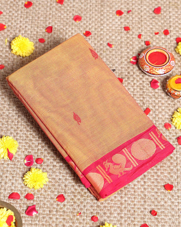 Traditional Handwoven Kanchi Cotton Saree with Rich Zari Border Traditional Peacock Motifs & Elegant Soft Weave Finish - Orange