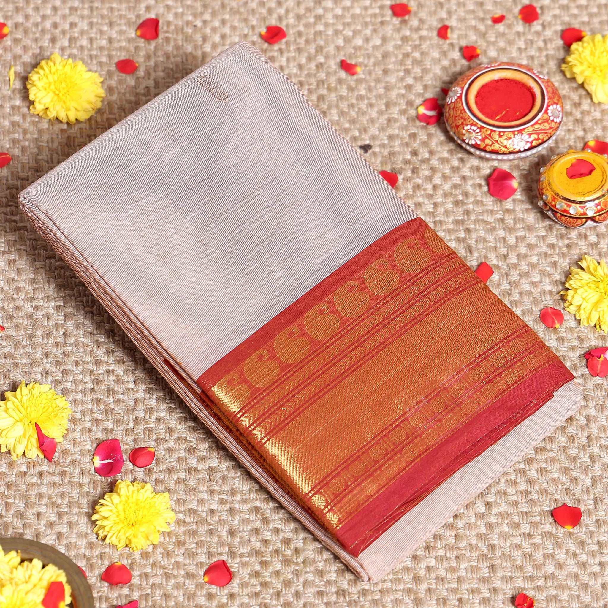 Traditional Kanchi Cotton Saree with Lustrous Zari Border Circular Butta Design & Soft Lightweight Weave - Light Brown