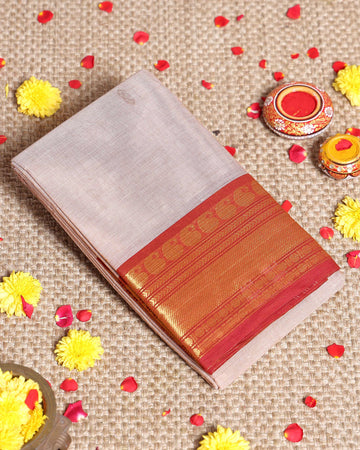 Traditional Kanchi Cotton Saree with Lustrous Zari Border Circular Butta Design & Soft Lightweight Weave - Light Brown