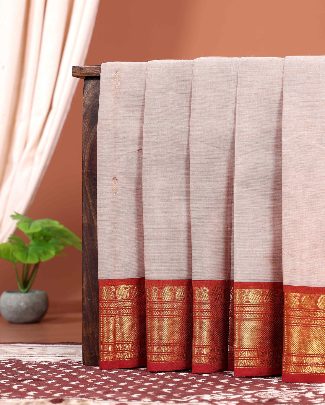 Traditional Kanchi Cotton Saree with Lustrous Zari Border Circular Butta Design & Soft Lightweight Weave - Light Brown