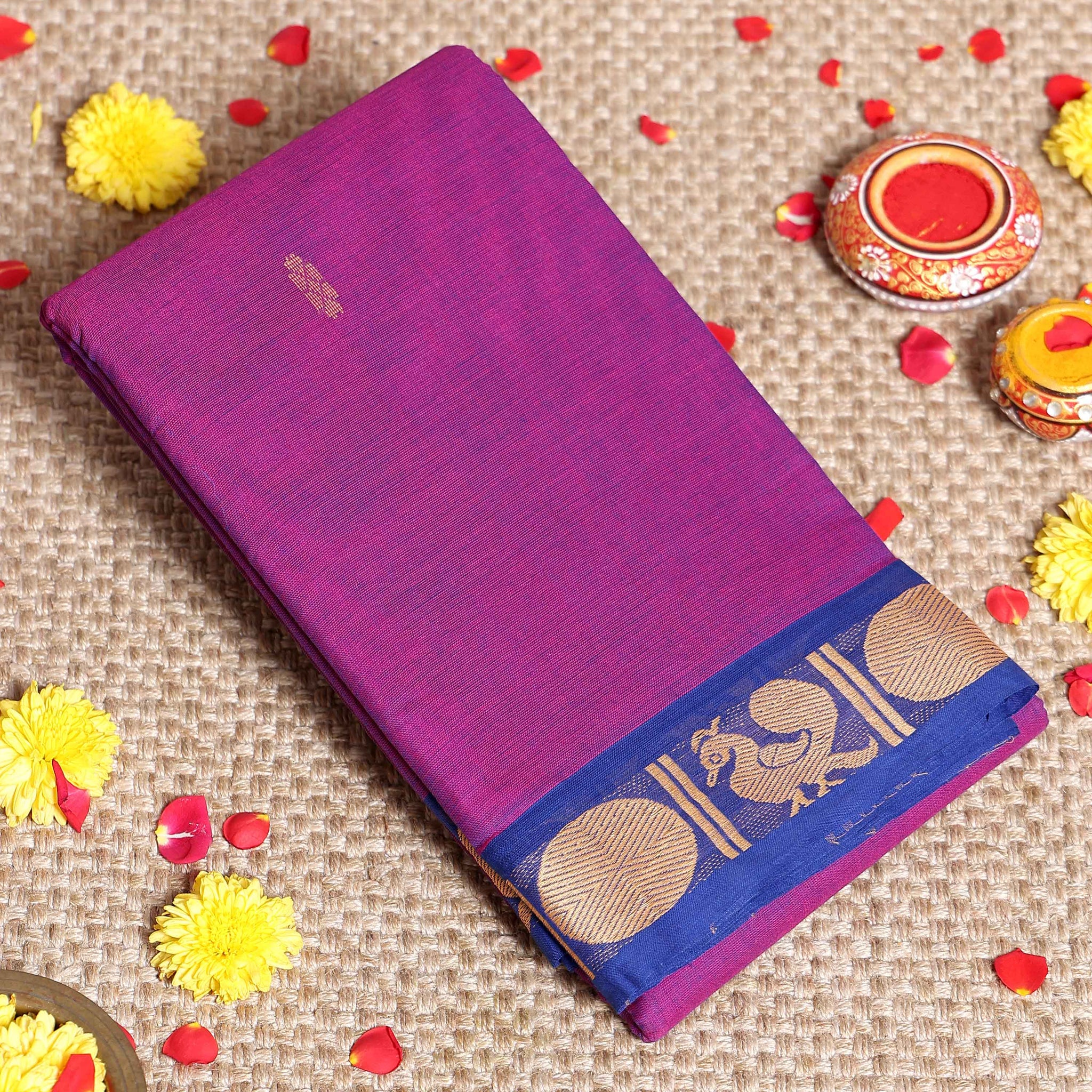 Traditional Handwoven Kanchi Cotton Saree with Rich Zari Border Traditional Peacock Motifs & Elegant Soft Weave Finish - Purple
