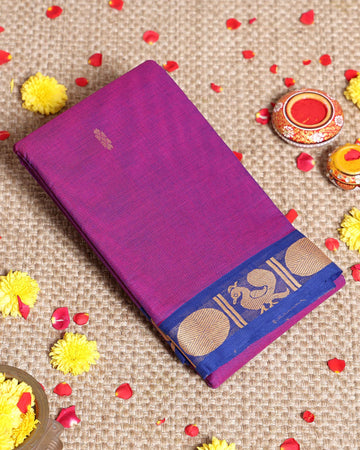 Traditional Handwoven Kanchi Cotton Saree with Rich Zari Border Traditional Peacock Motifs & Elegant Soft Weave Finish - Purple