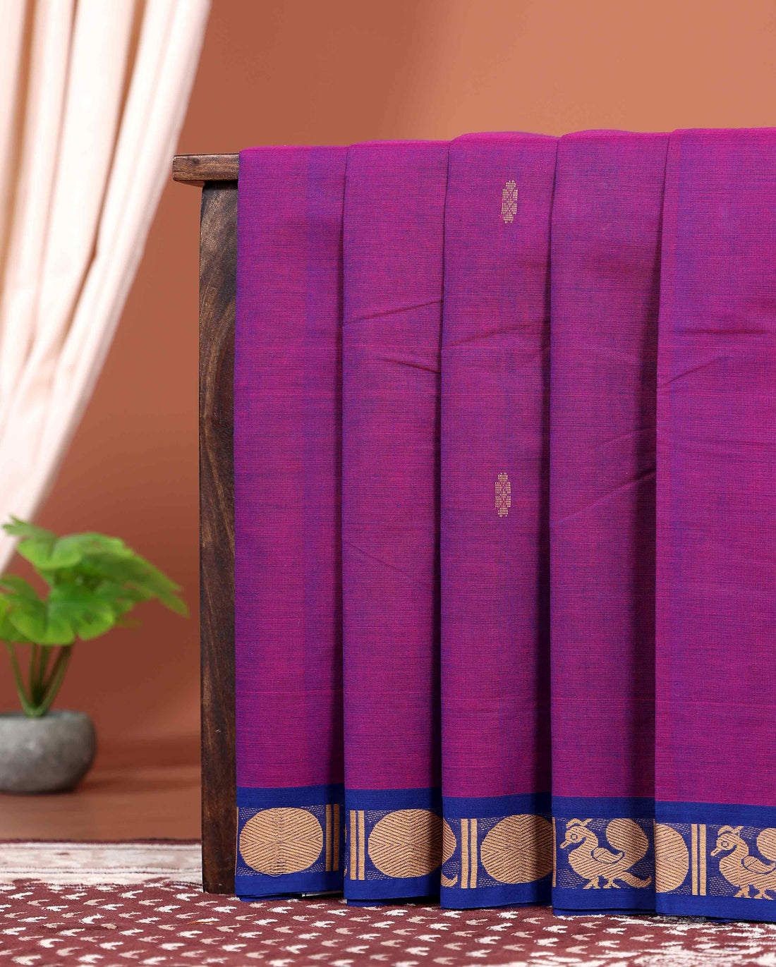Traditional Handwoven Kanchi Cotton Saree with Rich Zari Border Traditional Peacock Motifs & Elegant Soft Weave Finish - Purple