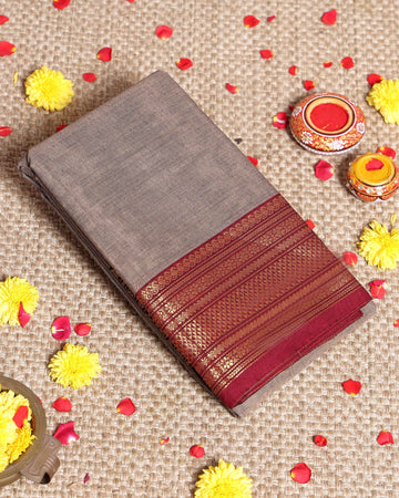 Traditional Kanchi Cotton Saree with Rich Zari Border Intricate Geometric Weave Patterns & Elegant Traditional Finish - Grey