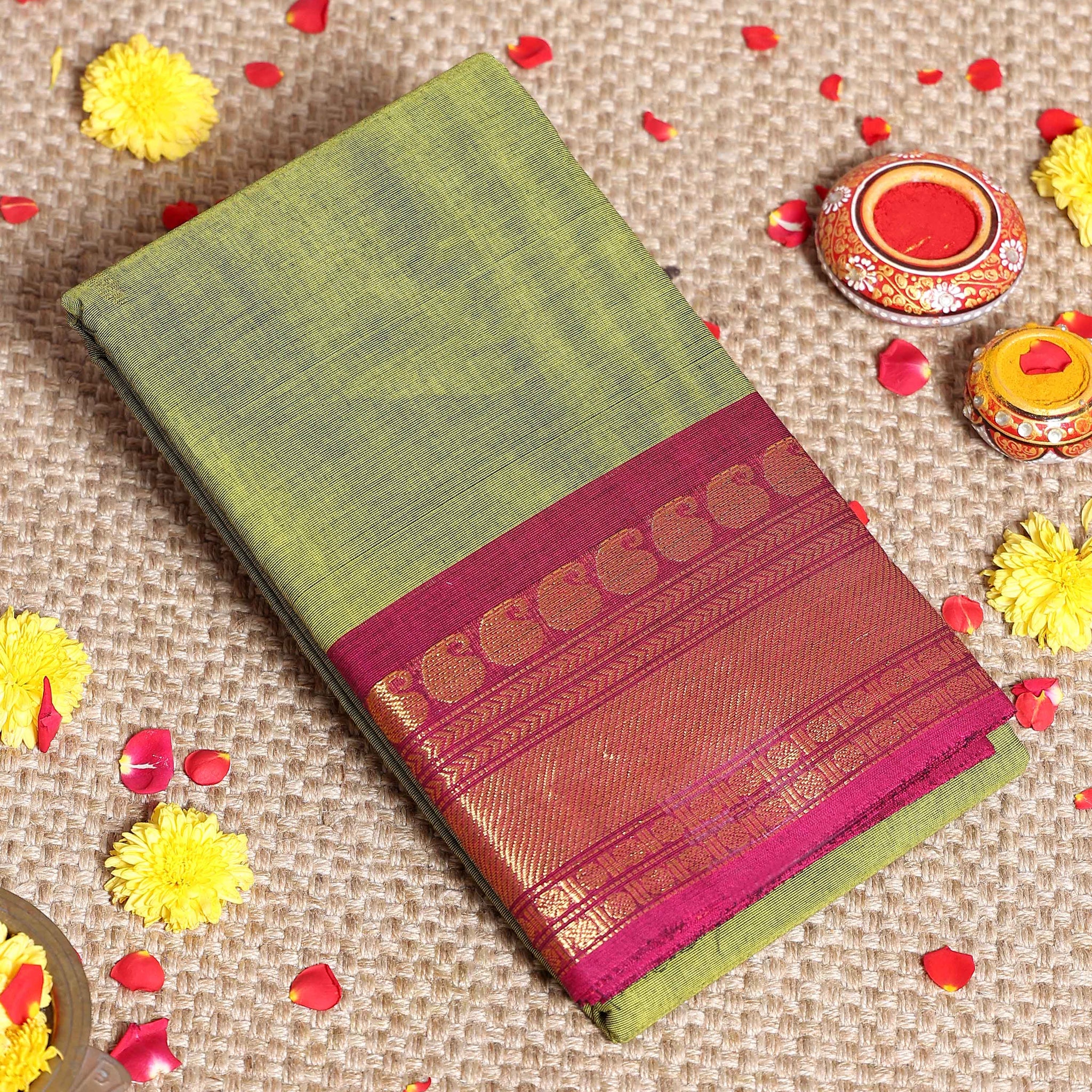 Elegant Kanchi Cotton Saree with Grand Zari Border Traditional Paisley Motifs & Soft Texture Weave - Green