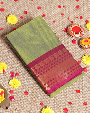 Elegant Kanchi Cotton Saree with Grand Zari Border Traditional Paisley Motifs & Soft Texture Weave - Green