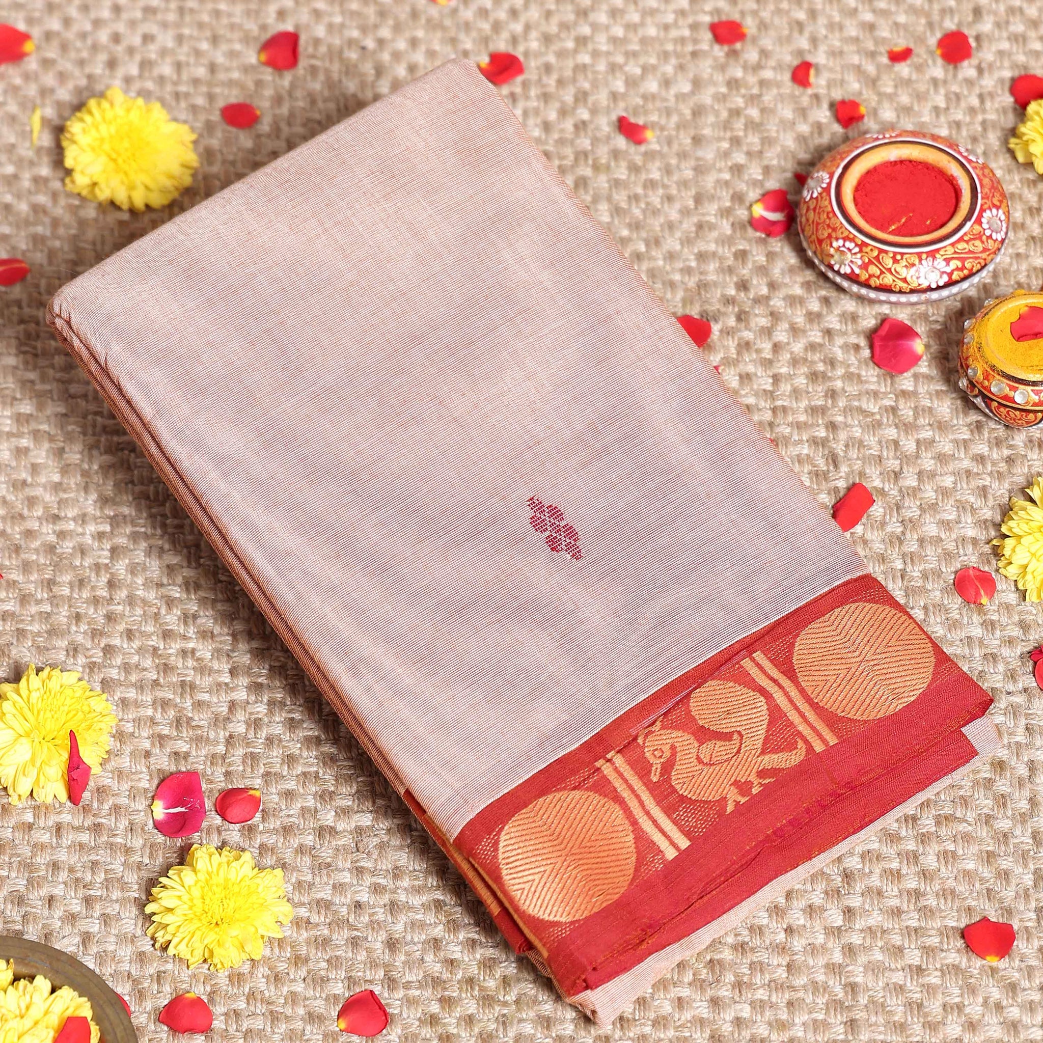 Traditional Handwoven Kanchi Cotton Saree with Rich Zari Border Traditional Peacock Motifs & Elegant Soft Weave Finish - Peach