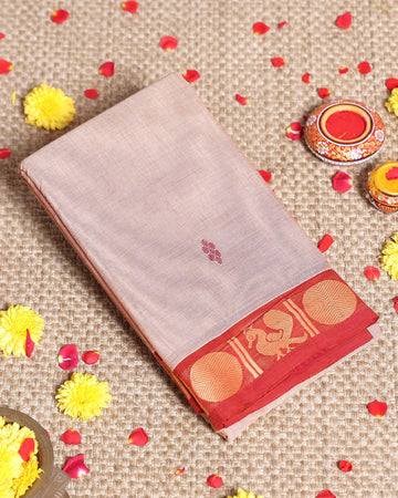 Traditional Handwoven Kanchi Cotton Saree with Rich Zari Border Traditional Peacock Motifs & Elegant Soft Weave Finish - Peach
