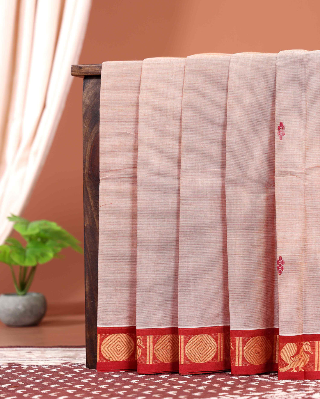 Traditional Handwoven Kanchi Cotton Saree with Rich Zari Border Traditional Peacock Motifs & Elegant Soft Weave Finish - Peach