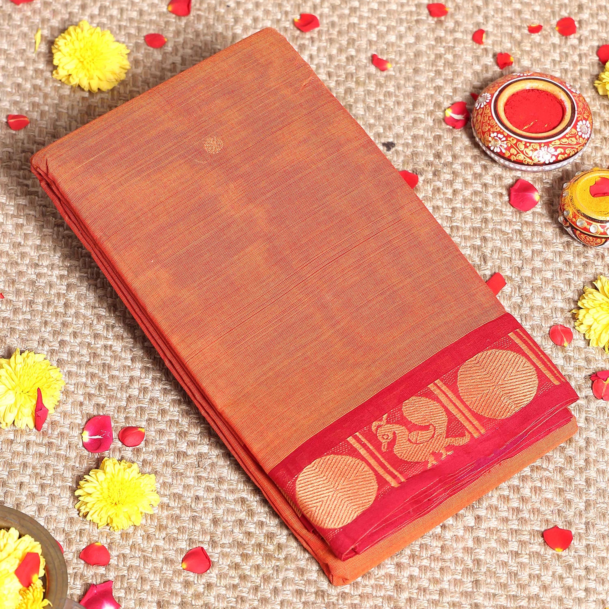 Traditional Handwoven Kanchi Cotton Saree with Rich Zari Border Traditional Peacock Motifs & Elegant Soft Weave Finish - Dark Orange