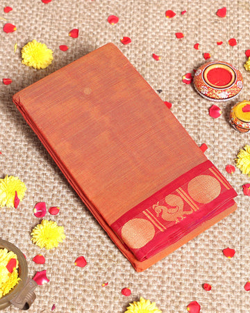 Traditional Handwoven Kanchi Cotton Saree with Rich Zari Border Traditional Peacock Motifs & Elegant Soft Weave Finish - Dark Orange
