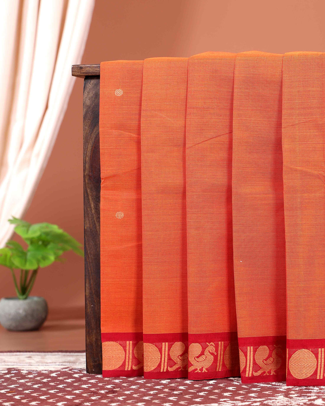 Traditional Handwoven Kanchi Cotton Saree with Rich Zari Border Traditional Peacock Motifs & Elegant Soft Weave Finish - Dark Orange
