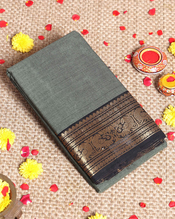 Traditional Premium Kanchi Handwoven Cotton Saree with Zari Border Traditional Peacock Motifs & Fine - Pastel Green