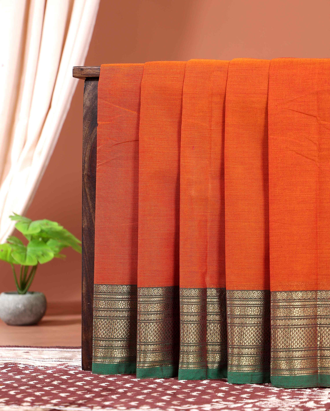 Traditional Kanchi Cotton Saree with Rich Zari Woven Border Intricate Temple & Diamond Motifs - Orange