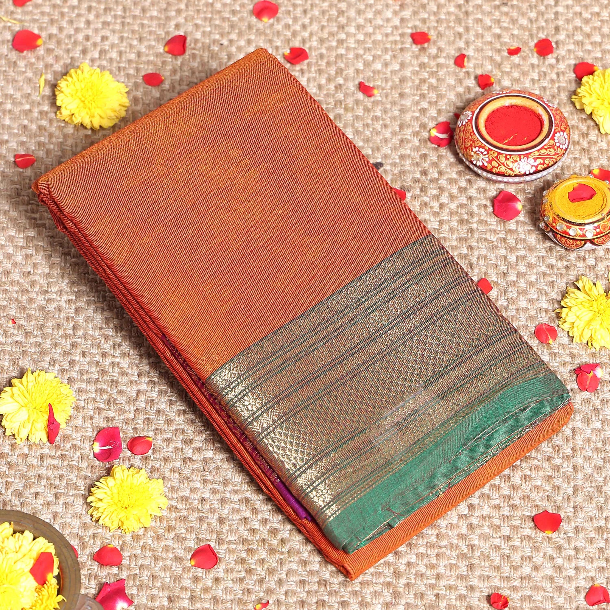 Traditional Kanchi Cotton Saree with Rich Zari Woven Border Intricate Temple & Diamond Motifs - Orange